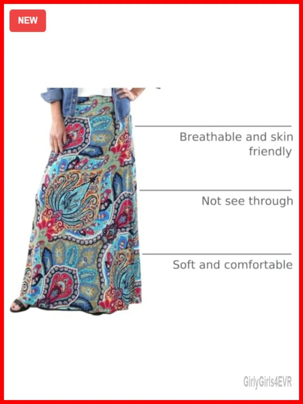 Bohemian Print Long Maxi Skirt Elastic Waist A-Line Flowy Beach Vacation